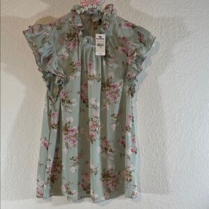 EXPRESS Floral Gramercy Blouse Ruffled Neckline & Flutter Sleeves Size XS NEW